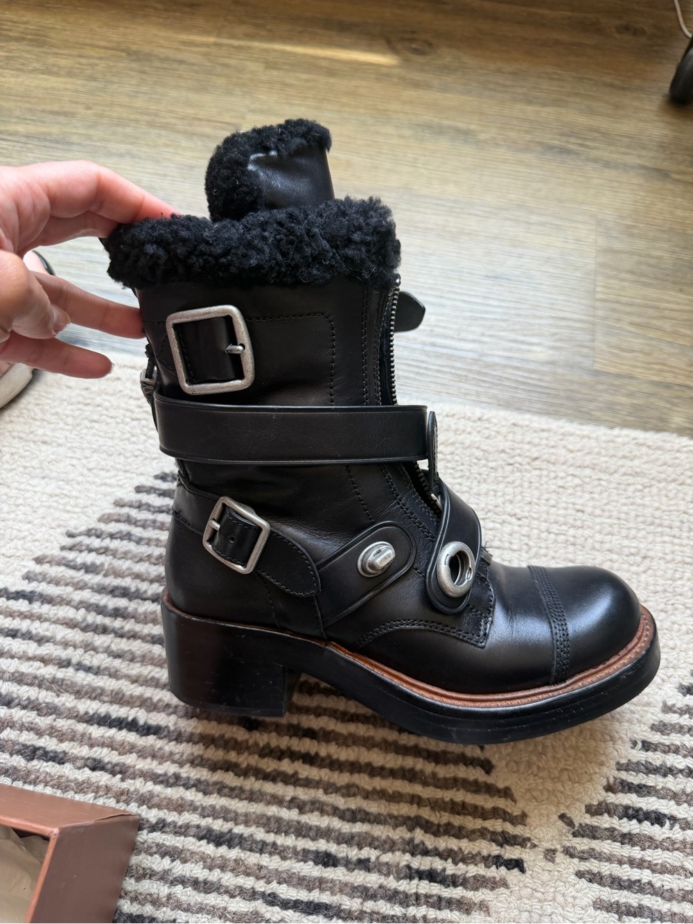 Coach Zip Moto Boot - Black Leather Shearling-Lined Buckle